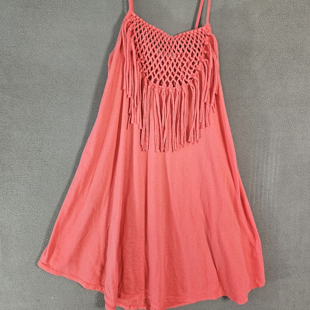 Roxy Womens Small Y2K Tank Top Shirt Pink Weave Rip Tassels Boho Flowy Oversized